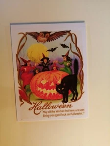 Vintage viktorianische Mond Sideshow Hexe Kürbis Eule Halloween Gruß Postkarte - Bild 1 von 2