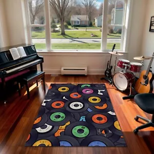 Retro Style Vinyl Record Rug Nonslip Washable Music Room Carpet Nostalgic Decor - Picture 1 of 4