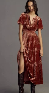 Anthropologie The Somerset Maxi Dress Velvet Edition Tiered Smock Auburn XXS NWT - Picture 1 of 3