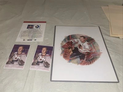Litografía y sello Glenn Hall 2002 Canada Post NHL All Star con 2 tarjetas Hof 1996 Foto 1 de 4