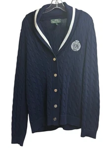 Lauren Ralph Lauren Active Cardigan Sweater XL Navy Blue Crest Logo Knit - Picture 1 of 3