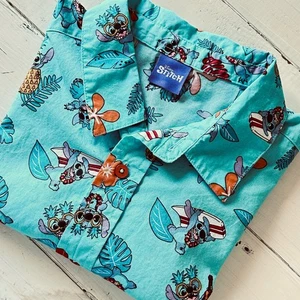 Disney Stitch Hawaiian Shirt Kids Youth Size 14-16 Blue Tropical - Picture 1 of 6