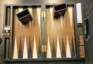 Gioco da tavolo backgammon vintage set completo in custodia da viaggio a righe ecopelle - Foto 1 di 9