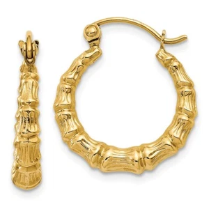 Real 14kt Yellow Gold Polished Bamboo Design Hollow Hoop Earrings - Picture 1 of 5