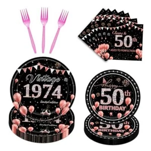 50th Birthday Party Tableware - 96PCS 50th Birthday Decorations Rose Gold 50th - Picture 1 of 7