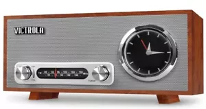 Victrola Bluetooth Analog Clock Stereo with FM Radio and USB Charging, Mahogany - Picture 1 of 6