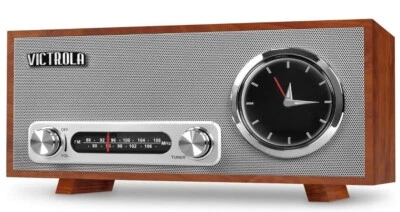 Victrola Bluetooth Analog Clock Stereo with FM Radio and USB Charging, Mahogany - Image 1 of 4