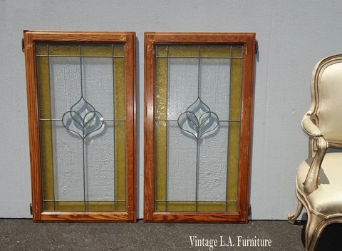 Pair of Vintage Stained Glass Doors Windows with Oak Frame & Clear Floral Center Cover