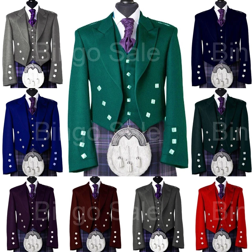 Scottish Men's Prince Charlie Jacket & Vest Traditional Wedding Wool Kilt Jacket - Photo 1/1