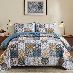 WONGS BEDDING Boho Quilt Set Queen Size, Blue Patchwork Plaid Bedspread Beddi... - Picture 1 of 7