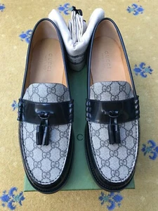 Gucci mocassini nappa scarpe Mongram tela pelle nera uomo UK 13 US 14 47 nuovi - Foto 1 di 15