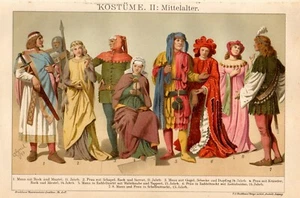 Stampa Antica 1892 = VESTITI nel MEDIOEVO = Moda Costumi = CROMOLITOGRAFIA - Picture 1 of 1