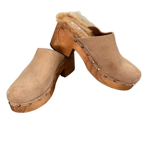 STEVE MADDEN BROOKLYN Platform CLOGS shoes Tan leather SUEDE & FAUX FUR $110 8 - Picture 1 of 9