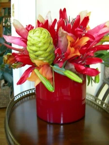 NDI Faux Floral Natural Dec. Ginger Orange Orchid & Protea Ceramic Red Vase - Picture 1 of 11