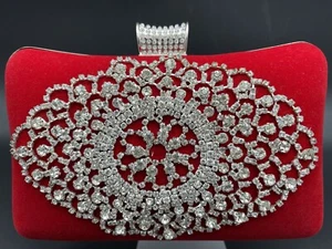 Rote Samt Clutch Kristall Strass Abend Handtasche Tasche Blume Brosche Schnalle - Bild 1 von 16