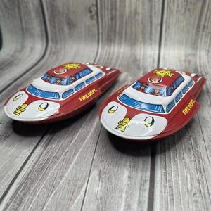 2x TOY FIRE DEPT BOAT by Schylling 2013 Inertia Wheels * Tin Red/White 4.5" Long - Picture 1 of 10