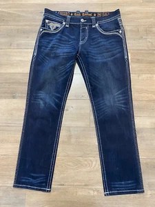 Rock Revival Joe Straight Mens 36X32 Dark Blue Denim Thick Stitch Stretch Jeans - Picture 1 of 12