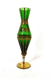 Vintage Green and Gild Bohemian Style Glass Vase 11" - Picture 1 of 12