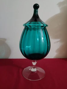 Vintage Mid Century EMPOLI Teal Ribbed Circus Tent Art Glass Apothecary Jar 13" - Picture 1 of 9