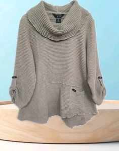 Ali Miles L Petite Tunic Cowl Neck Lagenlook Turtleneck Thermal Waffle Taupe Top - Picture 1 of 9
