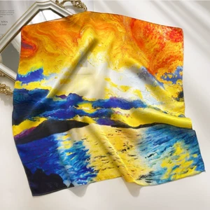 Real Silk Scarf for Ladies Silk Square Scarves Oil painting series Sunrise - Picture 1 of 4