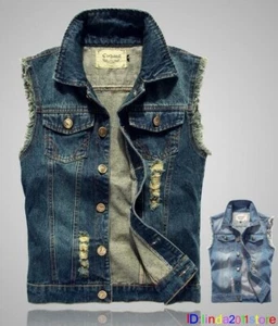 Men’s Denim Vest Jean Jacket Waistcoat Sleeveless Vintage Punk Casual Jacket New - Picture 1 of 16