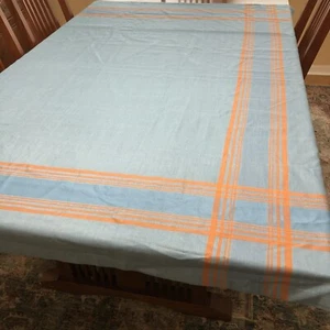 Yves Delorme Tablecloth 100% Linen Blue Orange Woven Plaid Border 67 x 69 Square - Picture 1 of 5
