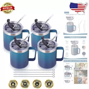 12oz Insulated Leakproof Coffee Mug Set – 4 Pack Travel Tumblers with Straws - Picture 1 of 10