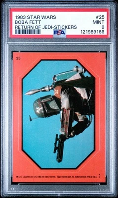 Pegatinas Topps Star Wars Return of the Jedi 1983 #25 Boba Fett PSA 9 naranja Foto 1 de 2