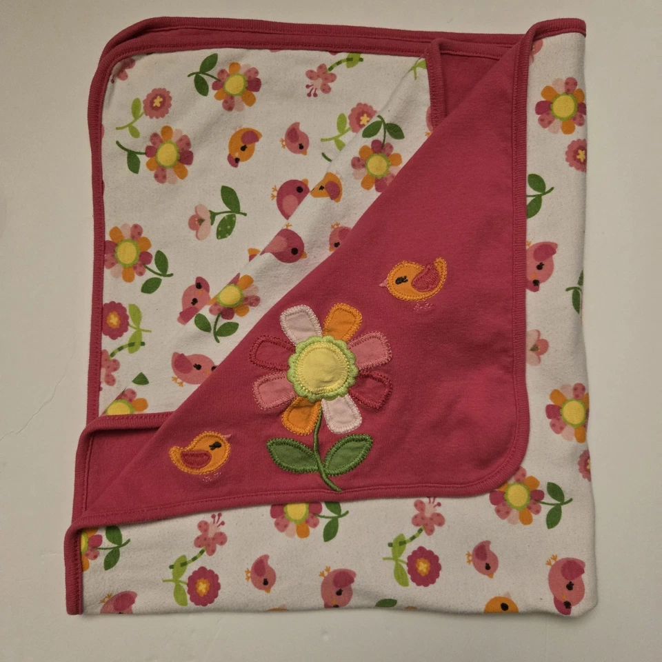 Vintage Baby Girl Gymboree Pink Little Birdie Blanket Flowers White 2014 29x26" - Image 1 of 4