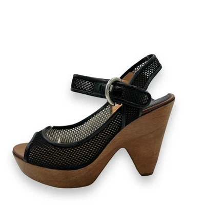 Sandalias de cuña con plataforma de madera Sergio Rossi vintage Y2K, cuero negro boho COMO ESTÁN Foto 1 de 4