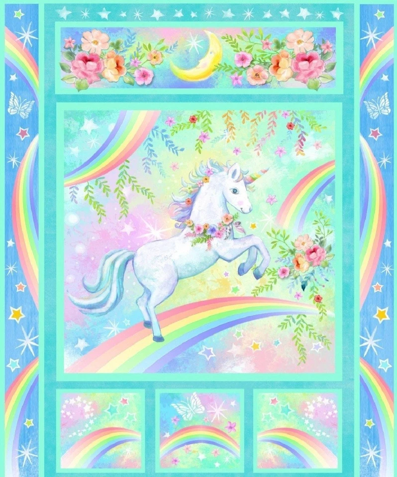 Wee Ones by Oasis Fabrics Rainbow Unicorn Cotton Quilt Fabric Panel 35" X 44" - Image 1 of 1