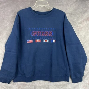 VTG 90s Guess Sweatshirt Mens Large L Blue Fleece Crew Neck Script Spellout - Picture 1 of 7