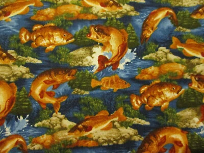 FISHING REALISTIC FISH SPORTS TAN BLUE GREEN DIGITAL COTTON FABRIC FQ - Image 1 of 4
