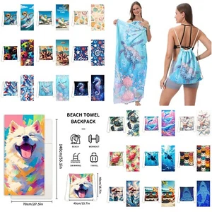 2 in 1 Swim Beach Towel Drawstring Backpack Storage Bag Bath Towel Turt 80*160cm - Picture 1 of 46