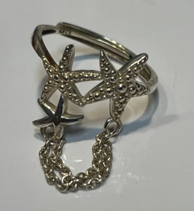 Vintage Sterling Silver S .925 Three Starfish wChain Ring Size 6.5 Sizeable - Picture 1 of 8