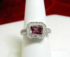 0.70 Carat Natural Pink Tourmaline and Zircon Ring 925 Silver White Gold Plated - Picture 1 of 7