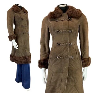VINTAGE 60s 70s DARK BROWN BROCADO PRINCESS LONG SHEARLING COAT 6 8 - Imagen 1 de 7