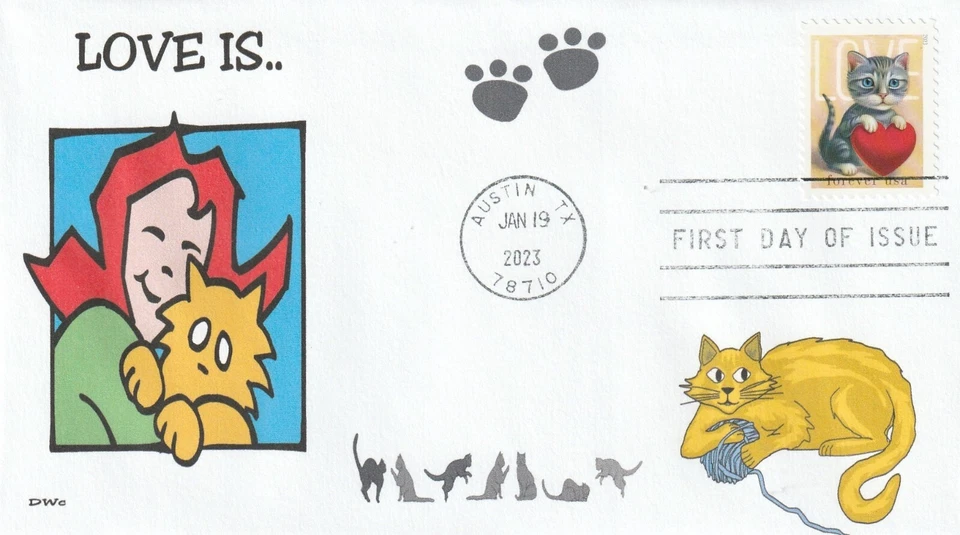 LOVE IS - CUTE CARTOON RED HAIR GIRL WITH YELLOW CAT      FDC- DWc CACHET - Image 1 of 1