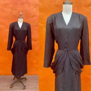 Vintage 1980s does 1940s Black Rayon Peplum Dress Pinup Party Cocktail - Picture 1 of 6