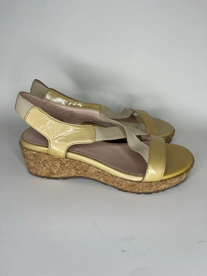 Sandalias Taryn Rose Nieve charol punta abierta corcho cuña tacón mujer talla 6M Foto 1 de 4