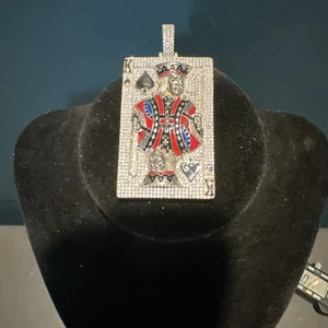 Rhodium Plated 925 M Silver King of Spades CZ Enamel Poker Cards Pendant 37g - Picture 1 of 3