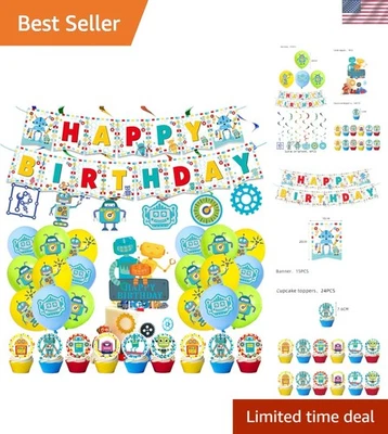 Encantador conjunto de fiesta de cumpleaños con tema de robot de 50 piezas - pancartas, adornos y adornos Foto 1 de 4