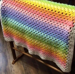 Vintage Handmade Pastel Rainbow Crochet Baby Lap Blanket ~ Super Soft - Picture 1 of 5