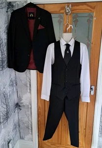 MARC DARCY RAMBO MENS 3PC BLACK SUIT JKT 38R W/COAT 42R PANTS 36 X 25 SHORT +TIE - Picture 1 of 20