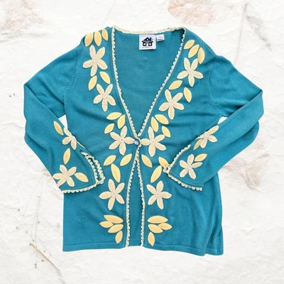 Cárdigan Suéter GRANDE Storybook Tejidos Grannycore Floral Fieltro Cuentas Botón Foto 1 de 4