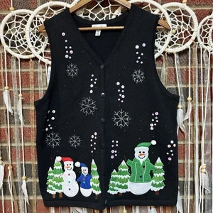 Kim Rogers Women’s Sz P XL Embroidered Sequined Snowmen Christmas Sweater Vest - Picture 1 of 10