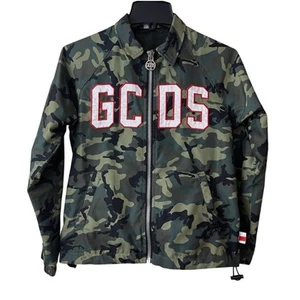GCDS Camouflage Print Jacket Boys 12 Green Spell Out Full Zip Made In Italy - Picture 1 of 14