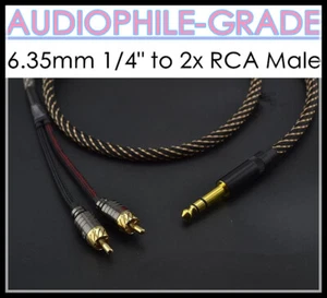 Stereo 6.35mm 1/4" TRS to 2x RCA Male Connector Wire Splitter 4N OFC Audio Cable - Picture 1 of 8