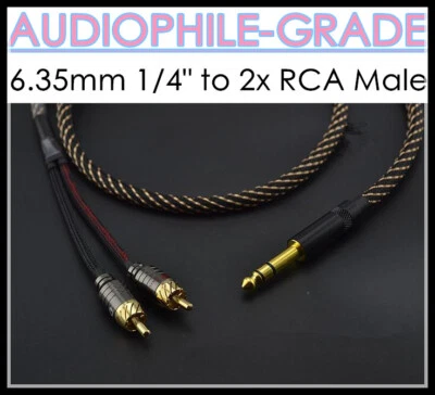 Stereo 6.35mm 1/4" TRS to 2x RCA Male Connector Wire Splitter 4N OFC Audio Cable - Image 1 of 4